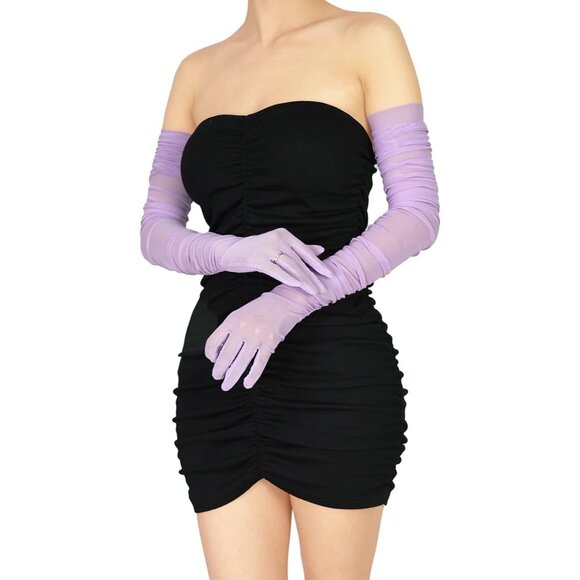 Women's Lavender Sexy Tulle Sheer Mesh Long Satin Gloves Party Prom Costume - Picture 3 of 6